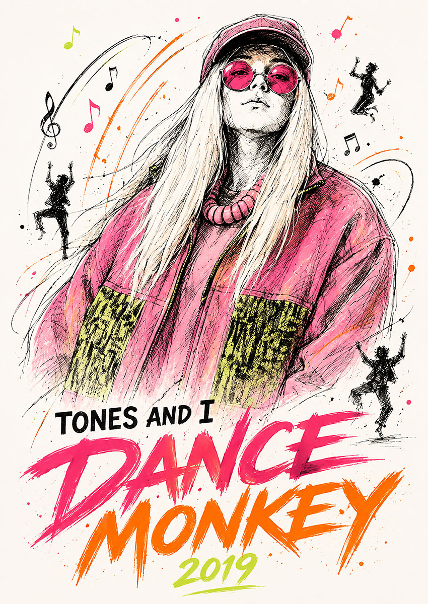 Illustrated pop art portrait inspired by Tones and I Dance Monkey with musical notes and energetic figures